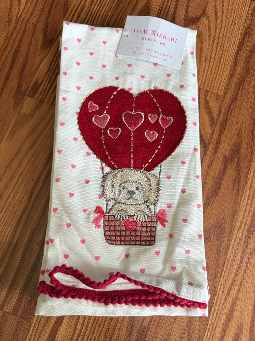 Isaac Mizrahi Cream Kitchen Towel with Red Hot-Air Balloon & Pink Heart Accents
